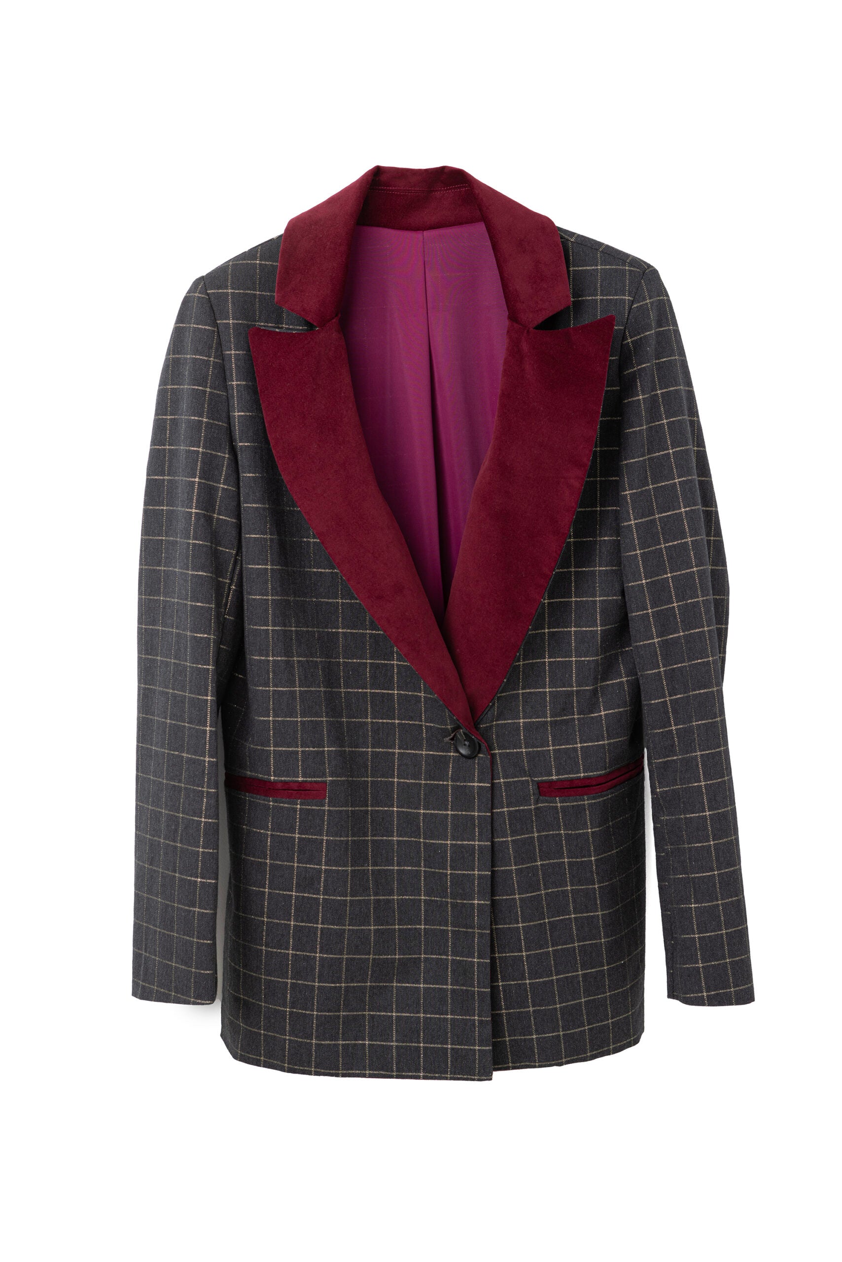 CHAQUETA CUADROS CUELLO GRANATE BAJA